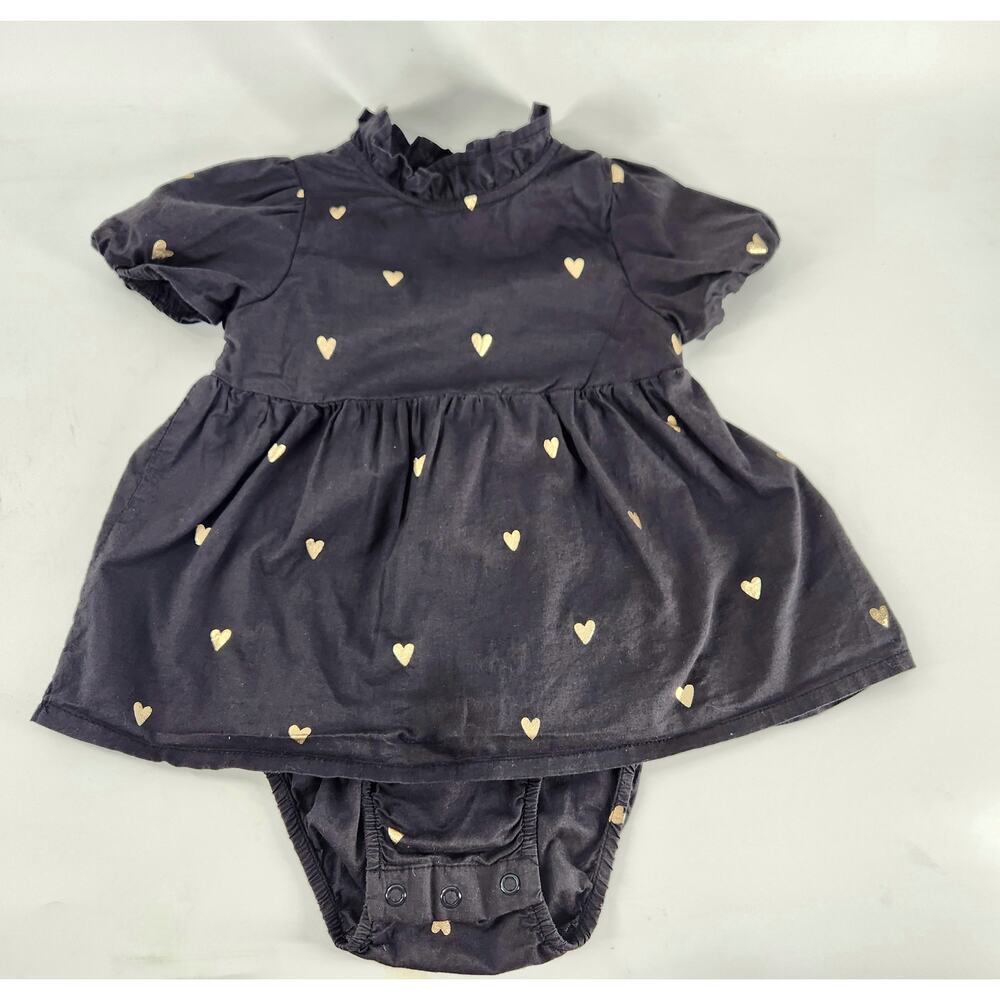 H&M One Piece Mini Dress Infant Baby 12-18M Black Gold Heart Print Puff Sleeves